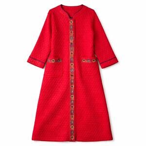 Cozy Valentine’s Day VTG 70s Dead Stock Red Quilted House Coat Robe Embroidery